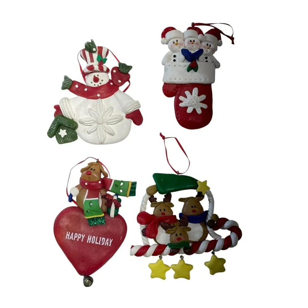 Vintage Clay Christmas Ornaments Snowman Reindeer Trio Stocking Heart‎